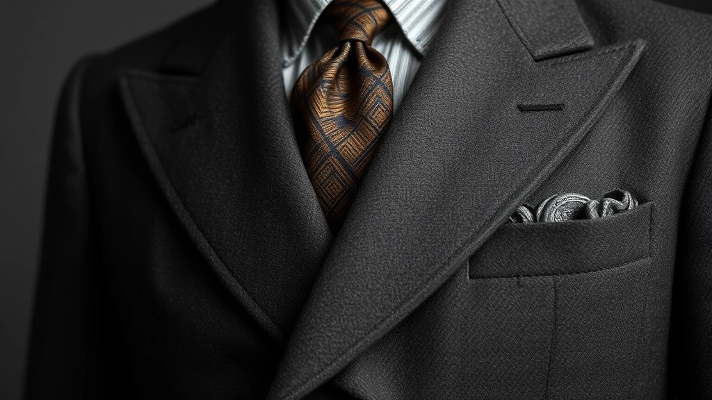 Vintage 1920s men's suit detail showing high button stance, broad shoulders, and precise tailoring on charcoal wool fabric, professional studio lighting highlighting texture and craftsmanship