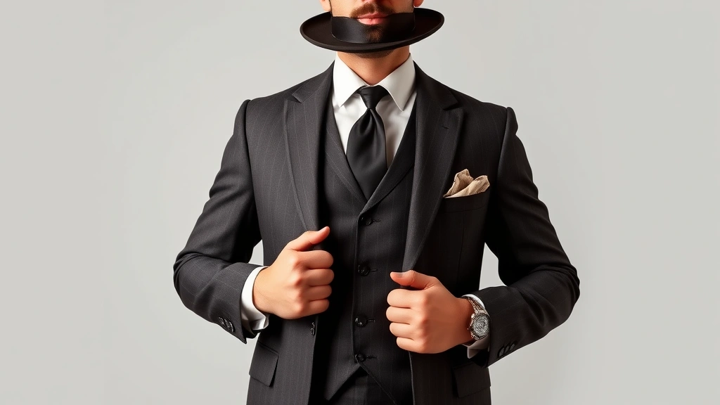 Elegant 1920s gentleman wearing three-piece suit with fedora, pocket square, and cufflinks, posed in period-appropriate stance showing complete ensemble from chest down with focus on proportions and accessories