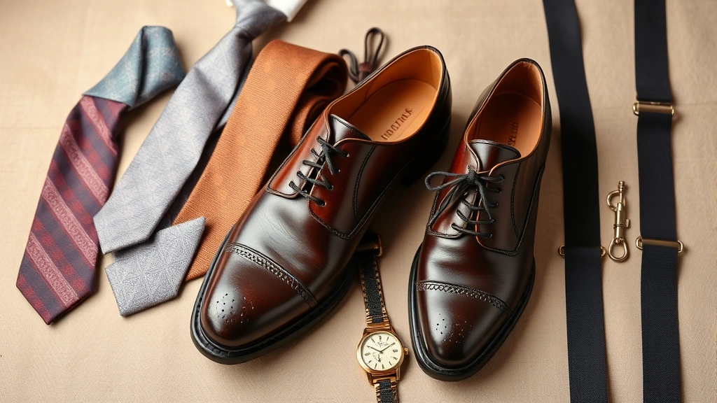 Close-up detail of vintage 1920s men's accessories including silk ties, pocket squares, quality leather Oxford shoes, watch chain, and suspenders arranged on neutral background showing material quality and craftsmanship