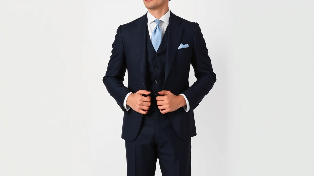 Sharp-dressed gentleman wearing navy three-piece 1920s suit with high button stance, white dress shirt, silk four-in-hand tie, polished oxford shoes, and charcoal fedora hat standing in classic vintage pose