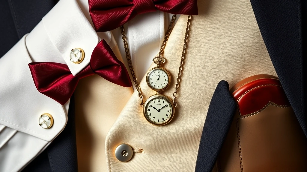 Close-up detail shot of 1920s menswear elements: burgundy silk bow tie, mother-of-pearl cufflinks, Ascot knot, pocket watch chain draped across cream vest, and polished leather dress shoes
