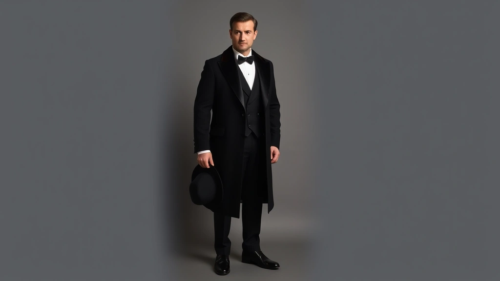 Full-length portrait of man in authentic 1920s formal evening wear: black Chesterfield coat with velvet collar, white dress shirt with wing collar, black bow tie, patent leather shoes, and homburg hat held in hand