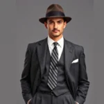 Vintage 1920s gentleman wearing charcoal sack suit with high-waisted trousers, white dress shirt, narrow striped necktie, and fedora hat. Standing confidently in classic pose. Photorealistic, natural lighting, elegant aesthetic, no visible text or logos.