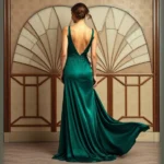 A woman wearing a floor-length 1930s evening gown with a plunging back, flowing bias-cut silhouette in deep emerald green silk, standing against an art deco geometric background, soft studio lighting highlighting the luxurious fabric drape and elegant posture