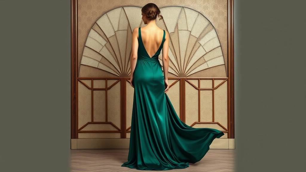 A woman wearing a floor-length 1930s evening gown with a plunging back, flowing bias-cut silhouette in deep emerald green silk, standing against an art deco geometric background, soft studio lighting highlighting the luxurious fabric drape and elegant posture