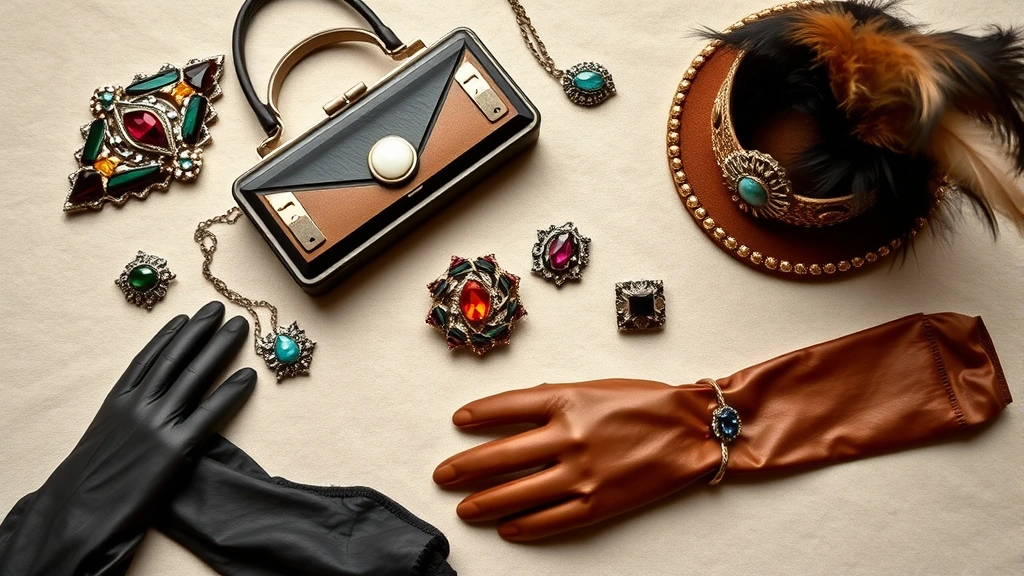 A close-up of vintage 1930s accessories arranged artfully including art deco geometric brooches, a structured leather handbag with metal frame, long beaded gloves, and a small ornate hat with feathers, all in jewel tones and metallics on a neutral surface