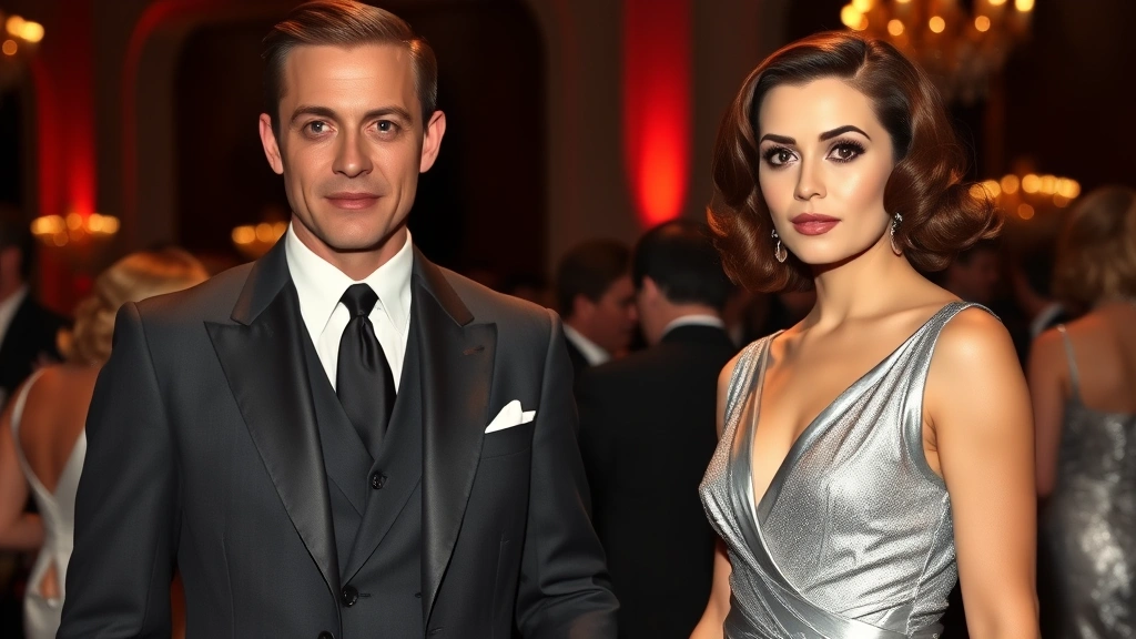 A man and woman in 1930s formal attire at a glamorous event: the man wearing a well-tailored three-piece suit with notched lapels and the woman in a sleek silver lamé dress with wave-styled hair, both embodying classic 1930s sophistication and elegance