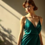 Elegant woman wearing a bias-cut silk slip dress in deep emerald green with delicate straps, standing against soft natural lighting, showcasing 1930s glamour and fluid draping