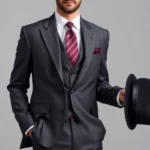 Sophisticated gentleman wearing charcoal gray tailored 1930s suit with notch lapel jacket, high-waisted pleated trousers, crisp white dress shirt, burgundy silk tie with diagonal stripes, matching pocket square, polished black oxford shoes, fedora hat held in hand, standing against neutral background, studio lighting