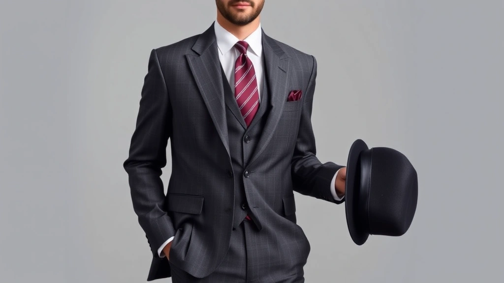 Sophisticated gentleman wearing charcoal gray tailored 1930s suit with notch lapel jacket, high-waisted pleated trousers, crisp white dress shirt, burgundy silk tie with diagonal stripes, matching pocket square, polished black oxford shoes, fedora hat held in hand, standing against neutral background, studio lighting