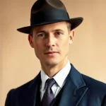 Well-dressed 1930s gentleman wearing navy blue three-piece suit with fedora hat, polished oxford shoes, and silk tie, standing against neutral backdrop with natural lighting highlighting fabric texture and tailoring details