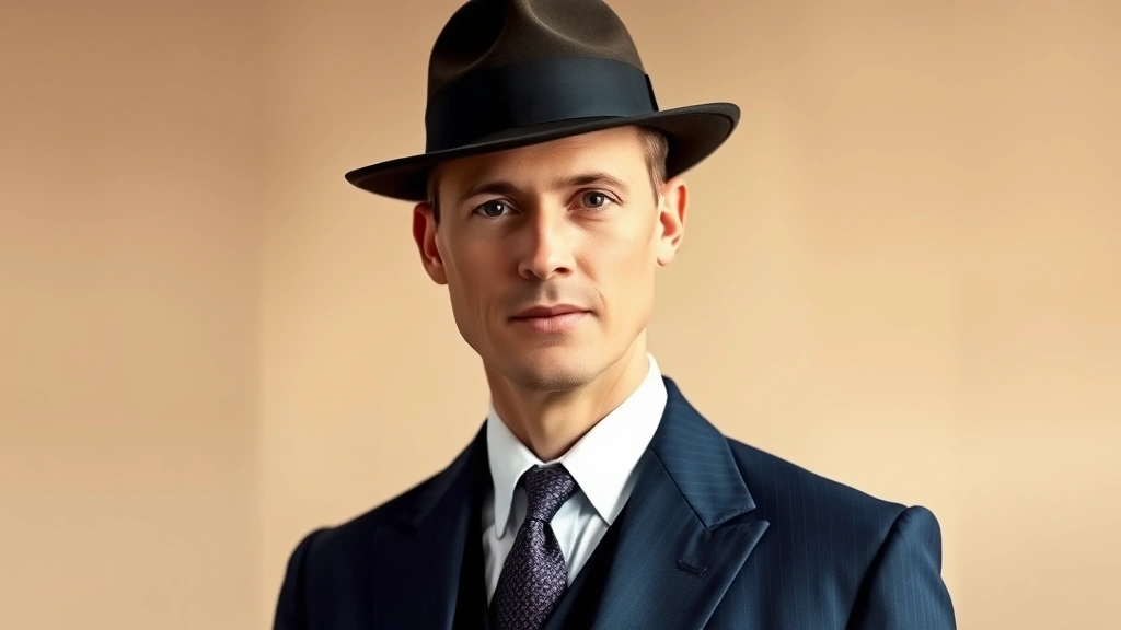 Well-dressed 1930s gentleman wearing navy blue three-piece suit with fedora hat, polished oxford shoes, and silk tie, standing against neutral backdrop with natural lighting highlighting fabric texture and tailoring details
