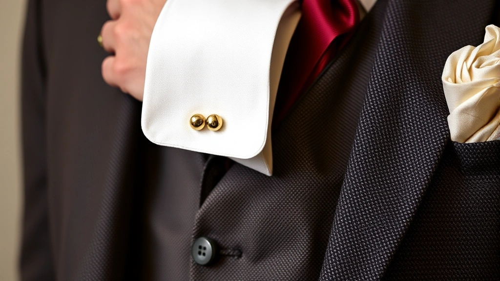 Close-up detail of 1930s menswear styling showing cufflinks in precious metal, silk pocket square, tailored jacket lapel, waistcoat with subtle pattern visible, burgundy tie knot, dress shirt cuff with proper half-inch showing, demonstrating refined accessory coordination and craftsmanship