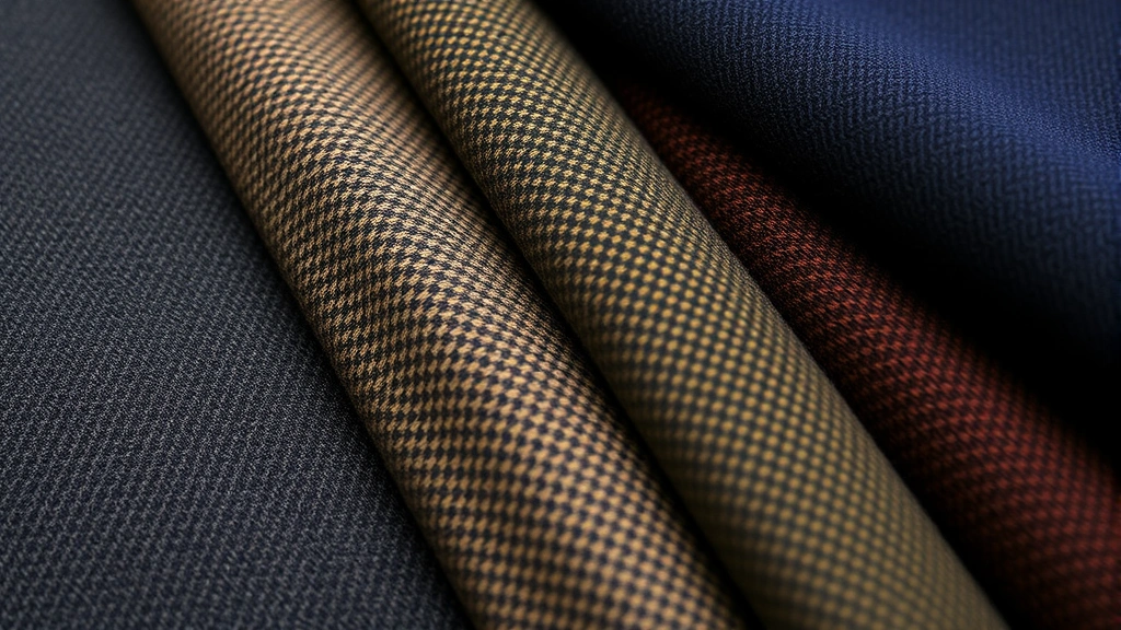 Close-up of 1930s menswear fabrics showing worsted wool suiting with subtle pinstripe pattern, tweed texture, and quality weaving detail, arranged to display color palette of charcoal, navy, and brown tones