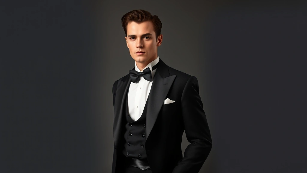 Full-length portrait of man in 1930s evening wear: black tailored tuxedo suit with peak lapels, white dress shirt with formal collar, black silk bow tie, black patent leather shoes, braces visible under waistcoat, slicked-back hair with wave definition, sophisticated composed posture