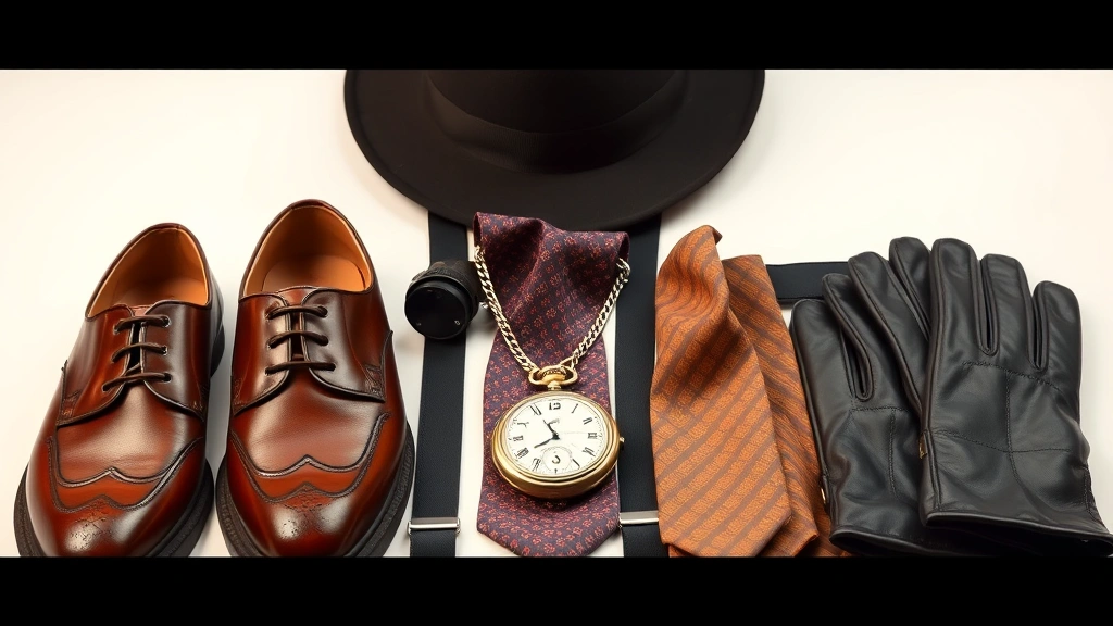 Vintage 1930s men's accessories arrangement including polished leather oxfords, silk ties with subtle patterns, suspenders, pocket watch with chain, fedora hat, and quality leather gloves artfully displayed with soft studio lighting