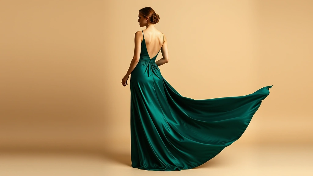 Woman wearing floor-length bias-cut silk gown in deep emerald green, dramatic open back, flowing elegantly against neutral studio background, 1930s evening wear aesthetic, professional fashion photography