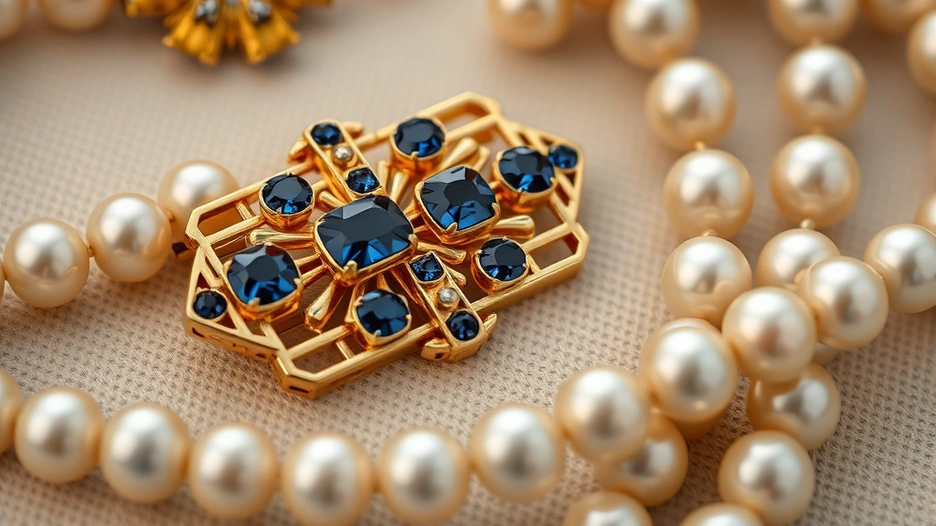 Close-up of Art Deco jewelry details: geometric gold brooch with sapphire stones, pearl strands at varying lengths, displayed on neutral textile background, vintage luxury accessories, soft studio lighting