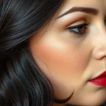 Close-up of woman's head showing perfect 1930s finger waves with geometric precision, deep side part, shiny dark hair catching light, professional salon quality