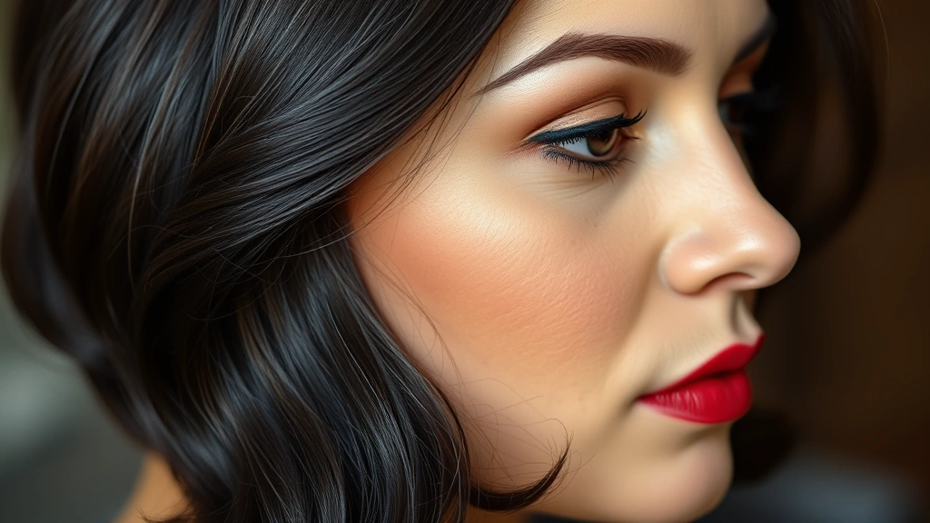 Close-up of woman's head showing perfect 1930s finger waves with geometric precision, deep side part, shiny dark hair catching light, professional salon quality