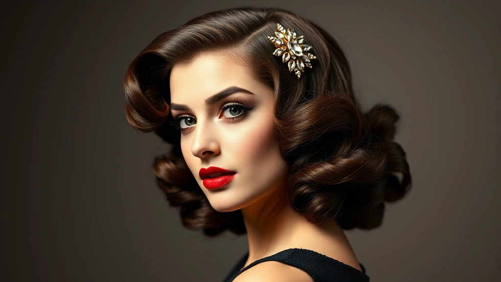 Woman modeling voluminous 1930s curls with marcel waves, sculpted waves close to head, wearing decorative hair clip, sophisticated glamorous appearance