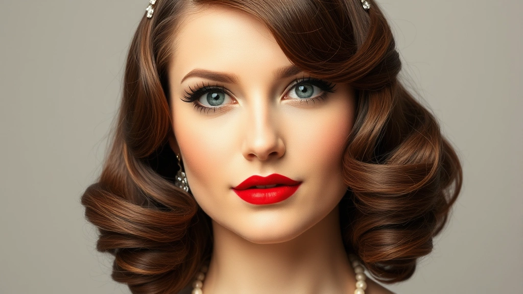 Full-face view of woman with authentic 1930s finger wave hairstyle, side-swept waves framing face elegantly, sleek styling with rhinestone hair accessories