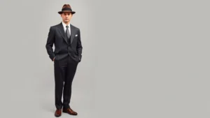 Dapper 1930s gentleman wearing tailored charcoal suit with natural shoulders, crisp white spread-collar shirt, silk tie, fedora hat, and polished oxford shoes standing confidently in classic menswear pose