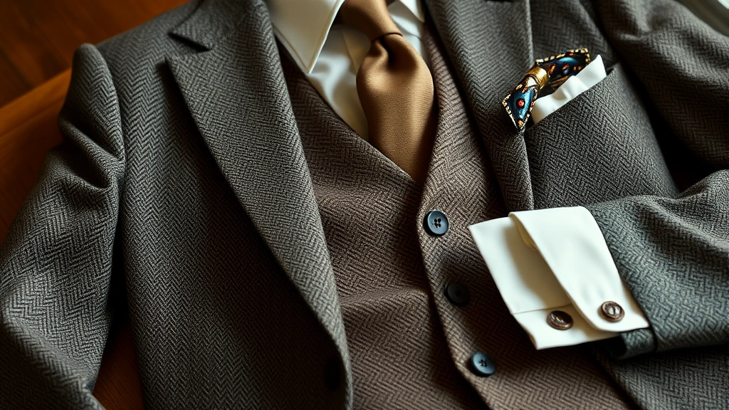 Vintage 1930s menswear styling detail showing tweed sports jacket, contrasting waistcoat with geometric pattern, pocket square, silk tie, and cufflinks arranged on rich wooden surface with warm lighting