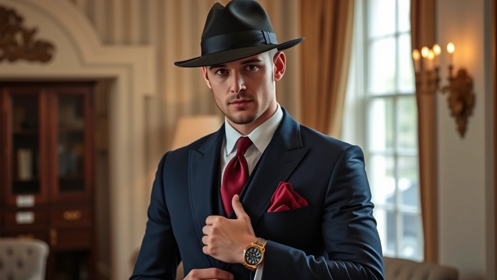 Well-dressed 1930s-inspired modern man wearing navy suit, burgundy pocket square, fedora, and vintage watch, photographed in elegant interior setting demonstrating how era principles translate to contemporary style