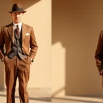 A well-dressed man in a 1930s three-piece suit with high-waisted trousers, structured shoulders, and fedora hat standing confidently in natural lighting, showcasing the era's iconic silhouette and refined proportions