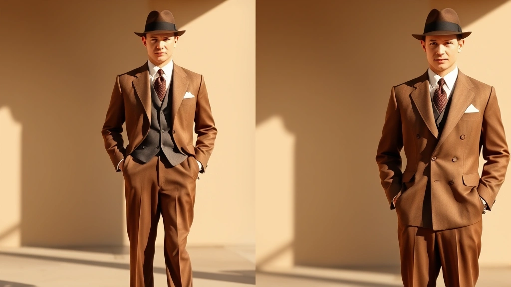 A well-dressed man in a 1930s three-piece suit with high-waisted trousers, structured shoulders, and fedora hat standing confidently in natural lighting, showcasing the era's iconic silhouette and refined proportions