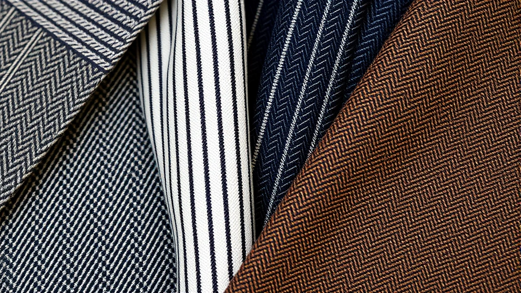 Close-up detail of 1930s menswear fabrics and textures including herringbone weave suiting, subtle pinstripe patterns, and quality wool fabric samples arranged artistically to highlight material authenticity
