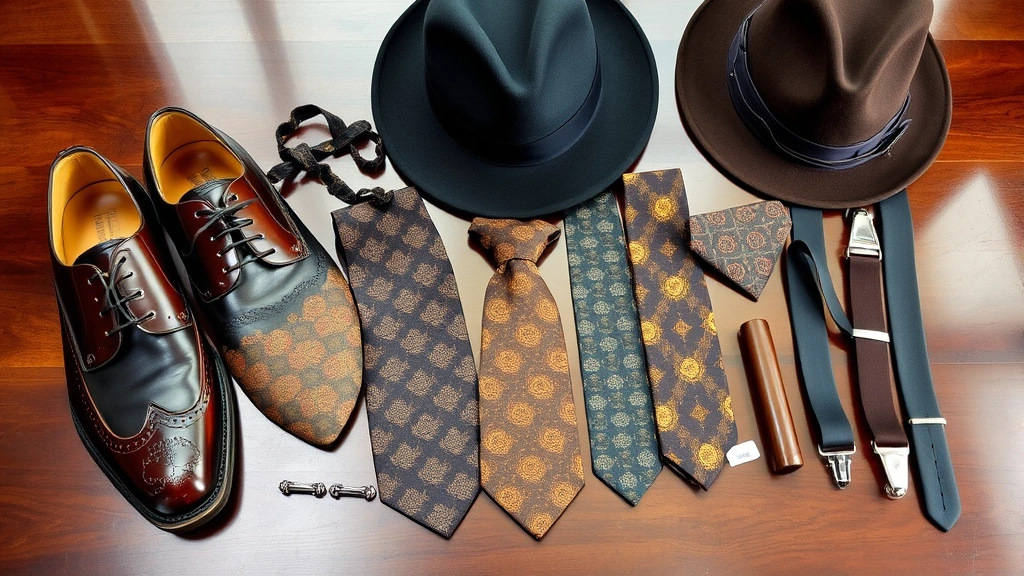 A vintage 1930s men's accessory collection displaying leather oxfords, silk neckties with art deco patterns, pocket squares, tie clips, suspenders, and a felt fedora arranged on a polished surface