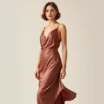 Woman wearing bias-cut silk slip dress with subtle drape, standing elegantly against neutral background, showcasing 1930s silhouette and fabric movement, professional fashion photography