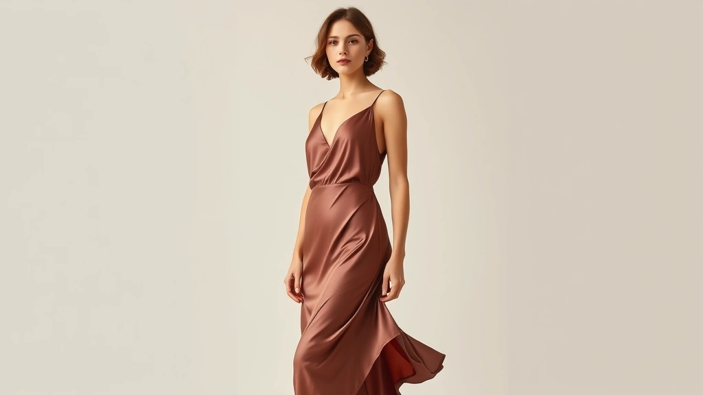 Woman wearing bias-cut silk slip dress with subtle drape, standing elegantly against neutral background, showcasing 1930s silhouette and fabric movement, professional fashion photography