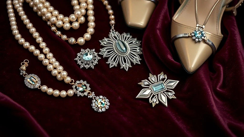 Close-up of intricate Art Deco jewelry, pearl necklaces, geometric brooch, and vintage T-strap heels arranged on luxurious velvet fabric, vintage fashion styling