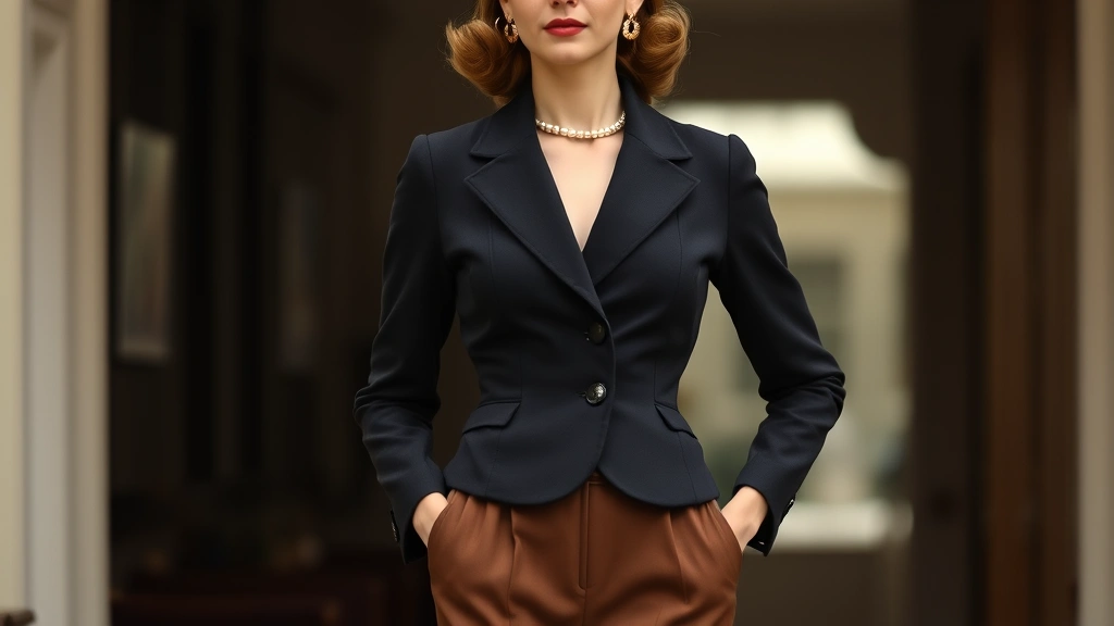 Woman in tailored 1930s-inspired blazer with nipped waist and structured shoulders, wearing coordinating trousers and elegant accessories, embodying era's refined sophistication
