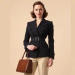 Professional model wearing structured 1940s inspired tailored blazer with power shoulders and high-waisted cream trousers, holding vintage leather handbag, standing against neutral background, showcasing classic wartime elegance and impeccable tailoring