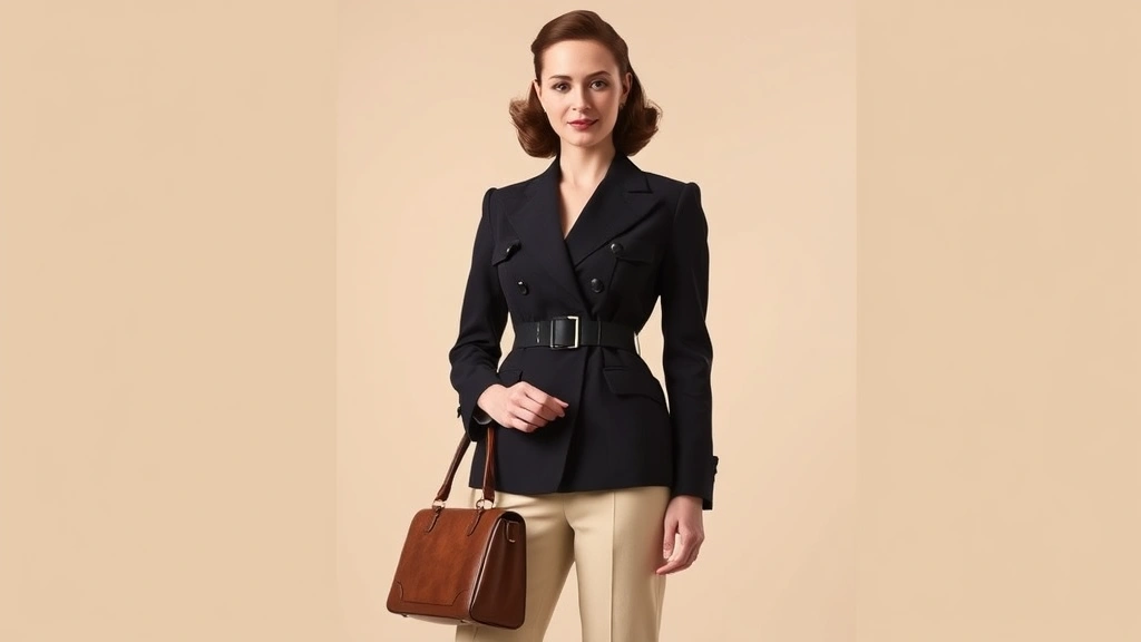 Professional model wearing structured 1940s inspired tailored blazer with power shoulders and high-waisted cream trousers, holding vintage leather handbag, standing against neutral background, showcasing classic wartime elegance and impeccable tailoring