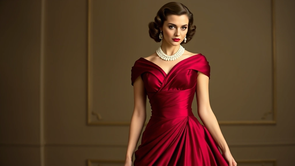Fashion model wearing 1940s inspired evening gown with elegant draping, fitted bodice, and full skirt in jewel tones, styled with vintage brooches and pearl jewelry, showcasing glamorous formal wear aesthetic from the iconic decade