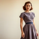 Woman wearing vintage 1940s swing dress with gathered skirt and fitted bodice, standing elegantly, soft natural lighting, classic 1940s hairstyle, no text or logos visible, photorealistic fashion photography