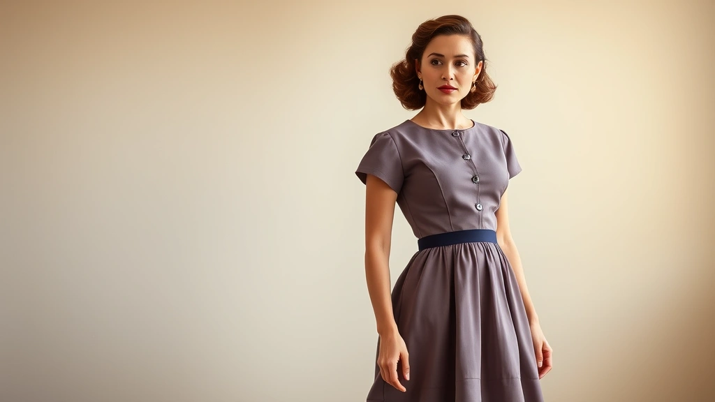 Woman wearing vintage 1940s swing dress with gathered skirt and fitted bodice, standing elegantly, soft natural lighting, classic 1940s hairstyle, no text or logos visible, photorealistic fashion photography