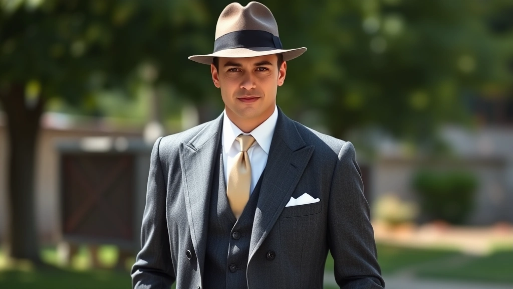 A well-dressed man wearing a charcoal 1940s suit with peak lapels, white dress shirt, silk tie, and fedora hat, standing confidently in natural lighting, showcasing perfect tailoring and proportions