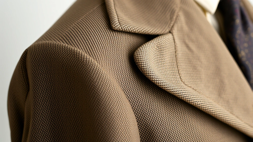 Close-up detail shot of vintage 1940s suit construction showing the shoulder seam, lapel roll, and button placement with subtle texture of quality wool fabric