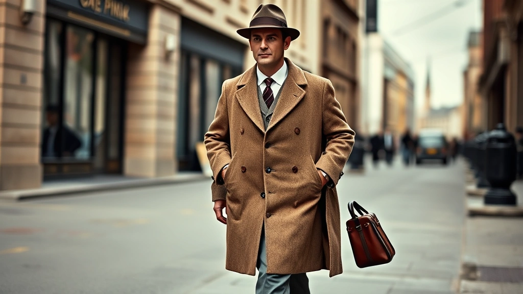 A man in 1940s business attire complete with overcoat, fedora, polished Oxford shoes, and accessories, walking in an urban setting that highlights the cohesive vintage ensemble aesthetic