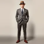 Sharp 1940s men's suit with narrow lapels, high button stance, straight-leg trousers without cuffs, paired with oxford shoes and fedora hat, standing against neutral backdrop, professional tailoring details visible