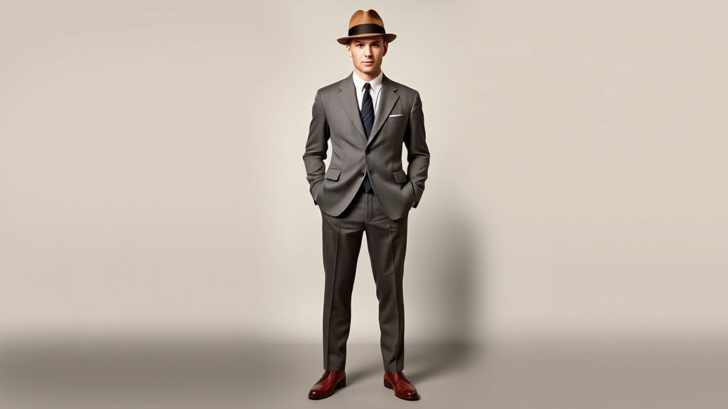 Sharp 1940s men's suit with narrow lapels, high button stance, straight-leg trousers without cuffs, paired with oxford shoes and fedora hat, standing against neutral backdrop, professional tailoring details visible