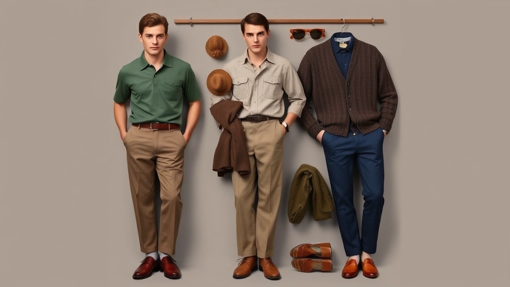 Post-war 1940s casual menswear including polo shirt, chinos, leather loafers, and cardigan sweater layered for relaxed sophistication, representing transition from military to civilian fashion aesthetic