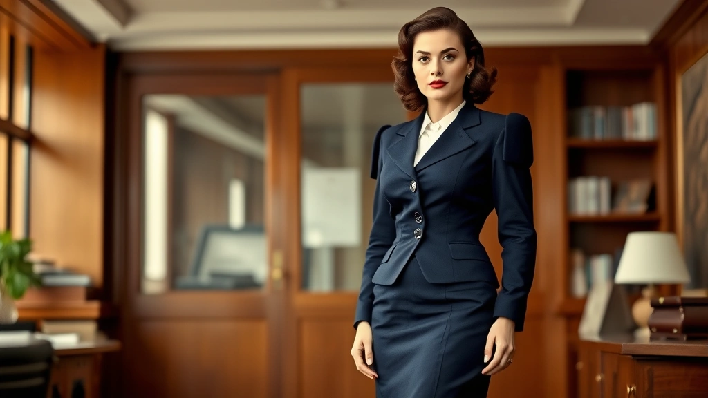 A woman wearing a 1940s tailored navy suit with exaggerated padded shoulders, fitted waist, and knee-length pencil skirt, standing confidently in vintage office setting, professional wartime aesthetic, polished appearance