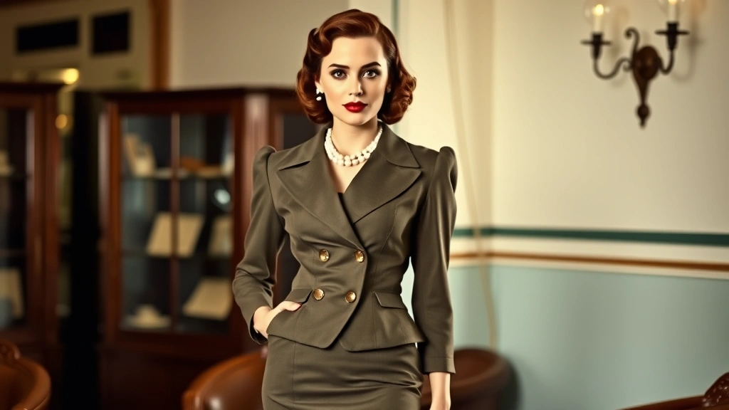 Woman wearing structured 1940s-inspired tailored blazer with shoulder pads, high-waisted pencil skirt, pearl necklace, victory rolls hairstyle, posed elegantly indoors with vintage aesthetic background